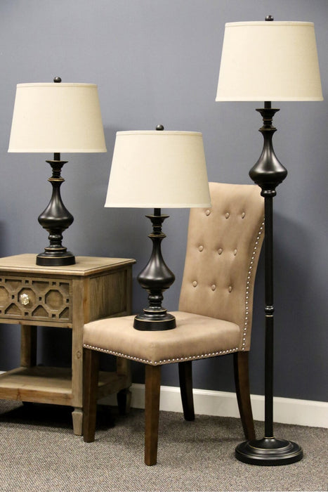 Julia Traditional Antiqued-Bronze 3-Piece Set, Floor and Two Table Lamps