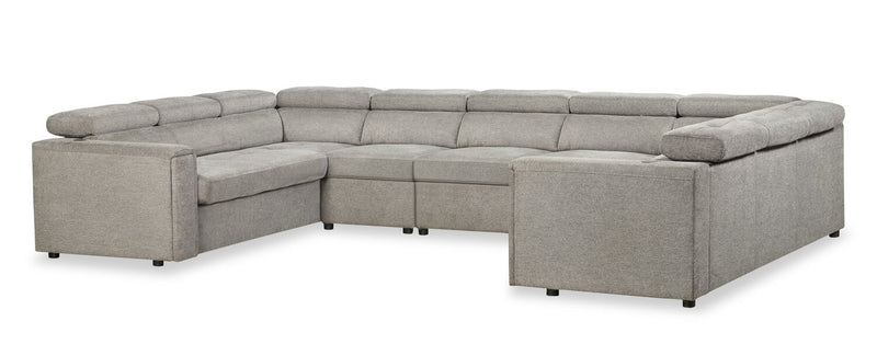 Savvy 5-Piece Linen-Look Fabric Sectional with Adjustable Headrests, Cupholders and USB Port - Grey