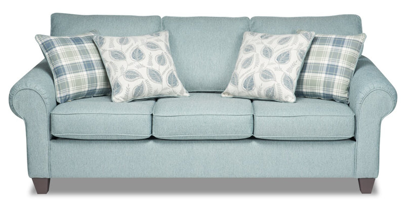 Made in Canada Scarlett 87\" Chenille Fabric Sofa with Rolled Arms and Accent Pillows - Marine Blue