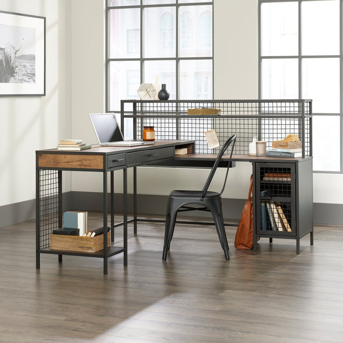 Tayla 60.67\" L-Shaped Office Desk with 2-Drawers & Cabinet - Vintage Oak & Black