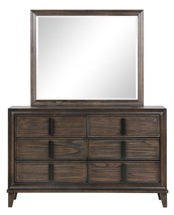 Kane 6pc Bedroom Set with Storage Bed, Dresser, Mirror & Nightstand, Vegan Leather, Brown - Queen Size