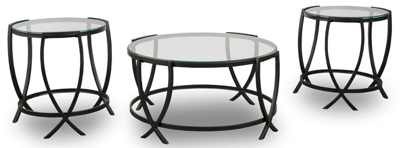 Tarrin 36.13\" Modern Round 3-Pack Coffee + 2 End Tables - Glass Top with Metal Legs