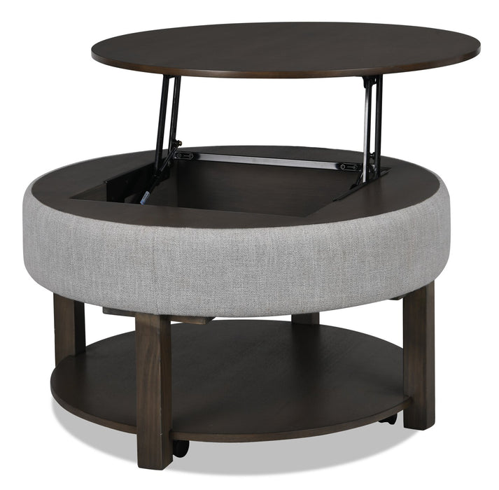 Elroy 33\" Rustic Round Lift Top Coffee Table With Storage, Shelf and Casters - Brown and Grey with Fabric Edge