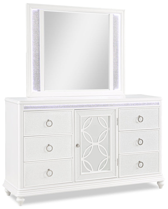 Ava Bedroom 7-Drawer Dresser with LED Light, 67\"W x 39\"H, Glam - White