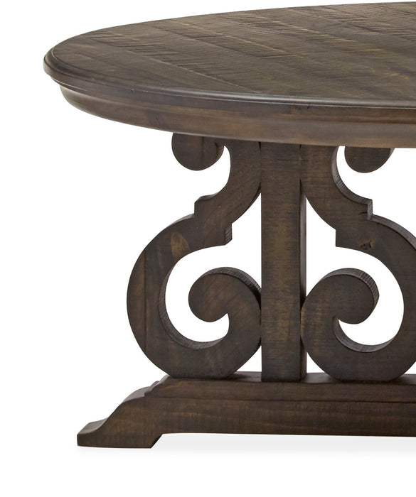 Bellamy 40\" Traditional Round Coffee Table - Dark Brown Pine with Scroll Design Wood Base