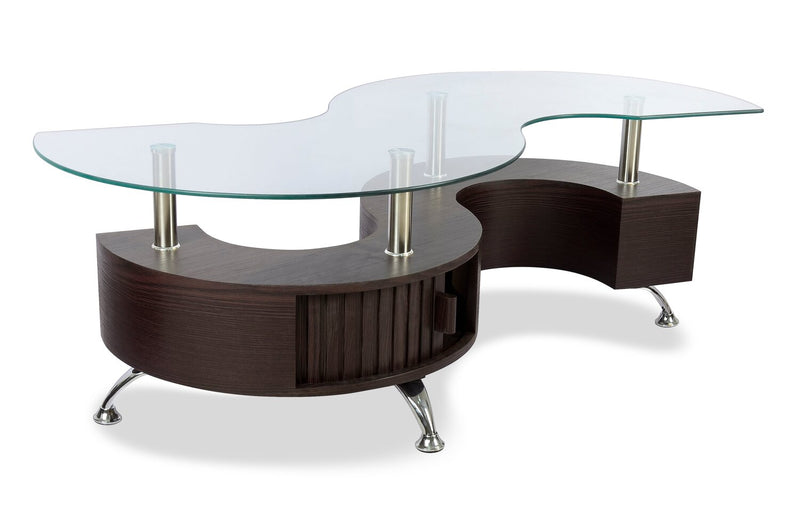 Savon  52.5\" Modern S-shaped 3-Pack Coffee + 2 Ottomans with Storage and Shelf - Dark Walnut Wood and Chrome