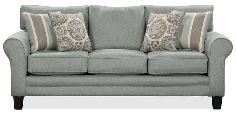 Made in Canada Tula 88\" Fabric Sofa with Rolled Arms and Accent Pillows - Mist Grey