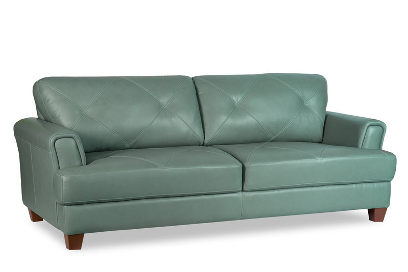 Chateau d’Ax Vita 87\" 100% Genuine Leather Sofa with Diamond Pattern Stitching and Wood Legs - Seafoam Green