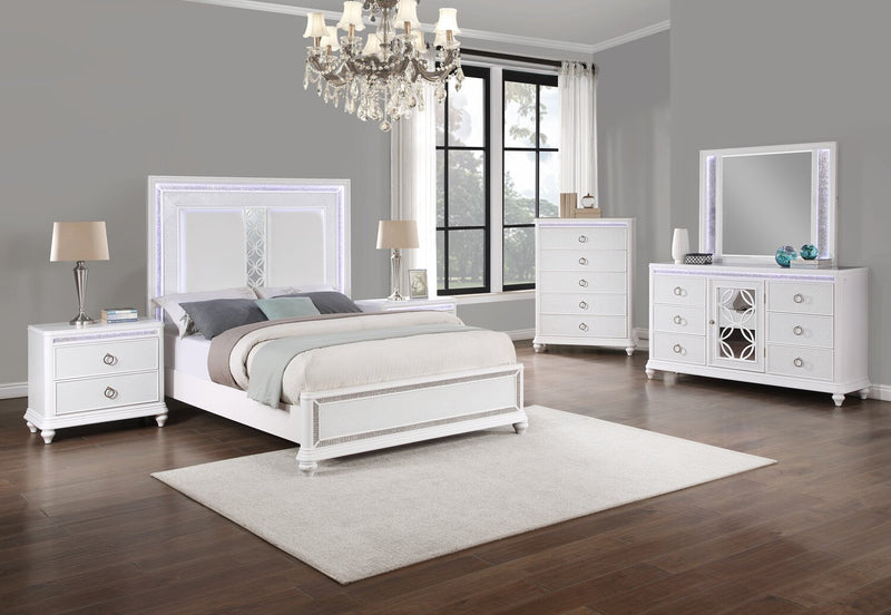 Ava Panel Bed with Headboard & Frame, LED, Glam, White - Queen Size