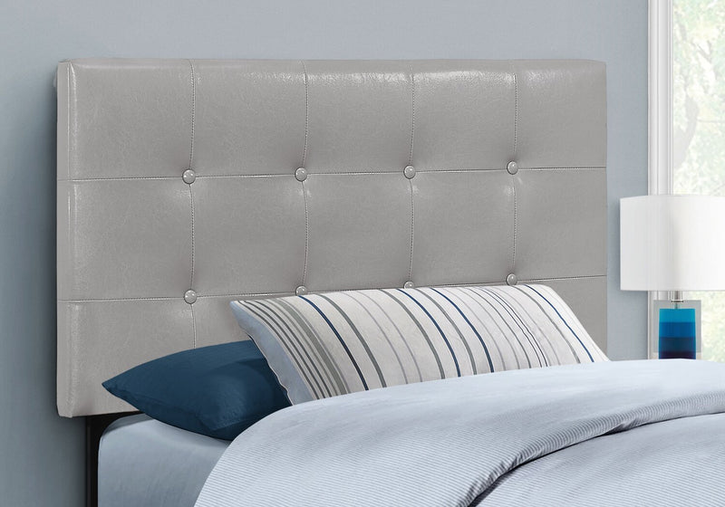 Estel Upholstered Headboard in Grey Vegan Leather Fabric, Button Tufted - Twin Size