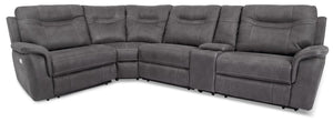 Floy 5-Piece Faux Suede Power Reclining Sectional with Power Headrests, Storage Console and USB Port - Grey