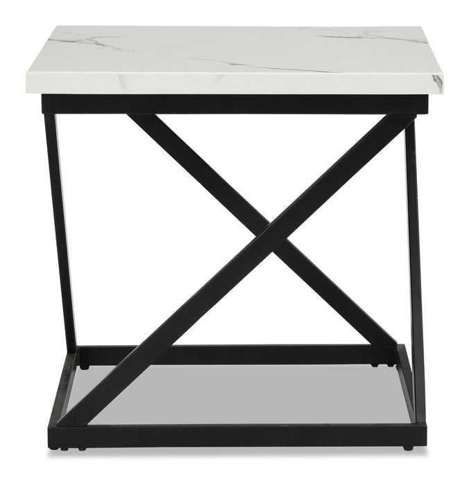 Verona 22\" Modern End Table - White Marble Look with Black Metal Base