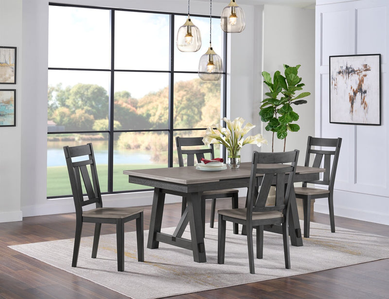 Zao Dining Table with 66-94\"W Extension, Melamine, Trestle Base - Brown