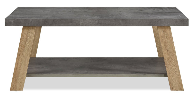 Kelly 43.3\" Modern Coffee Table with Shelf - Grey Stone Top with Light Wood Legs