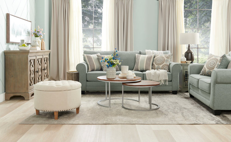 Made in Canada Tula 88\" Fabric Sofa with Rolled Arms and Accent Pillows - Mist Grey