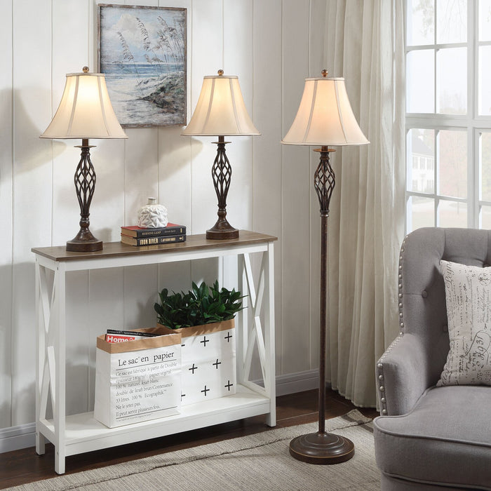 Fiona Traditional Antiqued-Bronze 3-Piece Set, Floor and Two Table Lamps