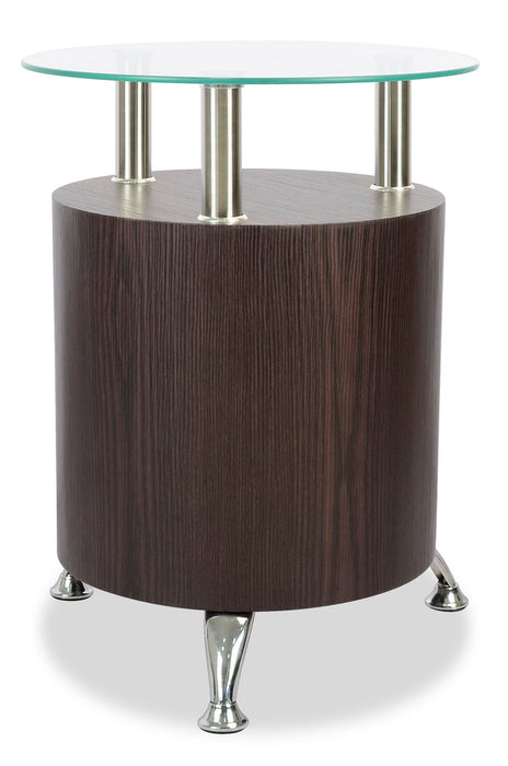 Savon  17.72\" Modern Round Glass Top End Table with Shelf - Dark Walnut Wood and Chrome