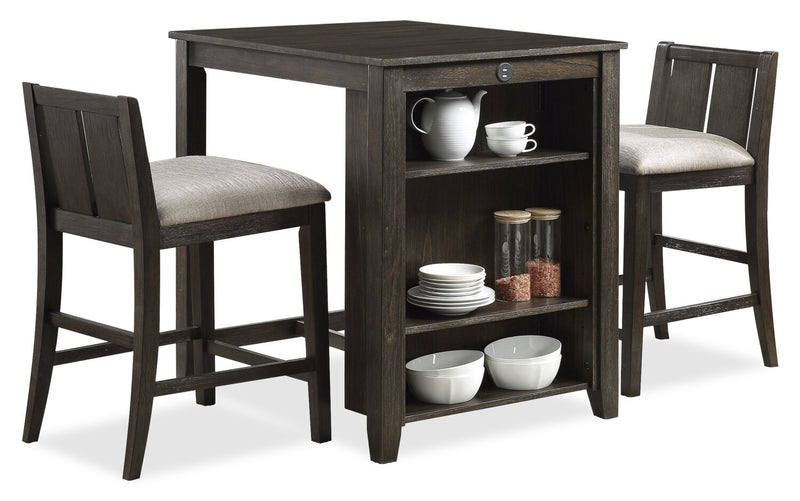 Lane 3pc Counter-Height Dining Set with Table & 2 Chairs, Built-in Shelves & USB, 36.5\"W - Brown