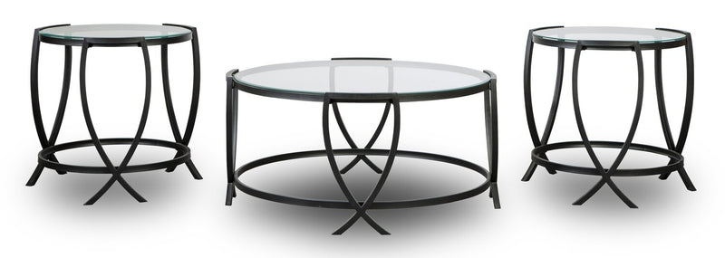 Tarrin 36.13\" Modern Round 3-Pack Coffee + 2 End Tables - Glass Top with Metal Legs