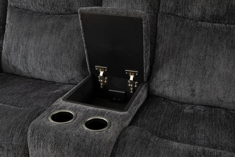 Atlantis 79\" Fabric Zero Gravity Power Reclining Loveseat with Storage Console and USB Ports - Dark Grey