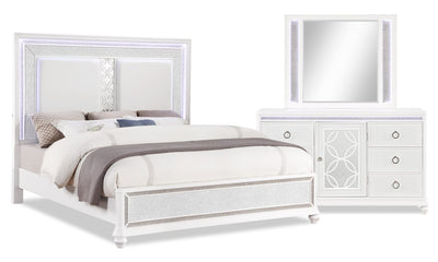 Ava 5pc Bedroom Set with Bed, Dresser & Mirror, LED, Glam, White - King Size | Ensemble de chambre à coucher Ava 5 pièces somptueux avec lit, commode, miroir et éclairage à DEL, b…