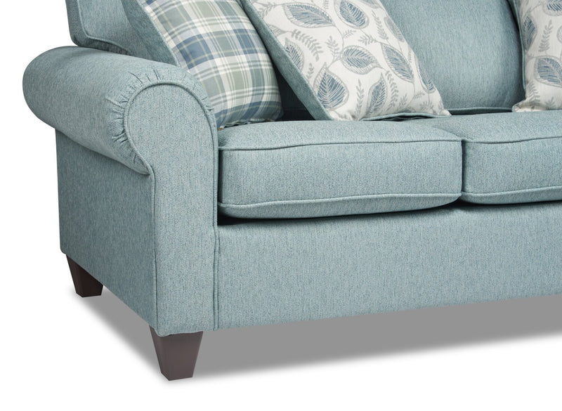 Made in Canada Scarlett 87\" Chenille Fabric Sofa with Rolled Arms and Accent Pillows - Marine Blue