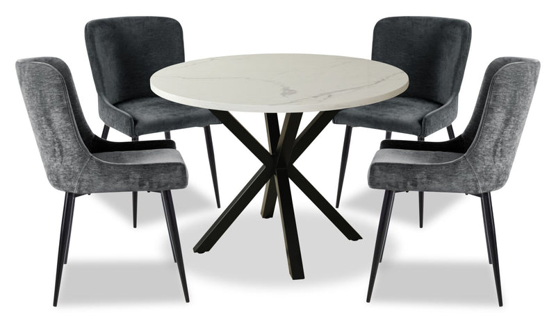 Verona 5pc Dining Set with Table & 4 Lexi Chairs, Culture Marbled Top, Metal, 42\"W Round - Grey