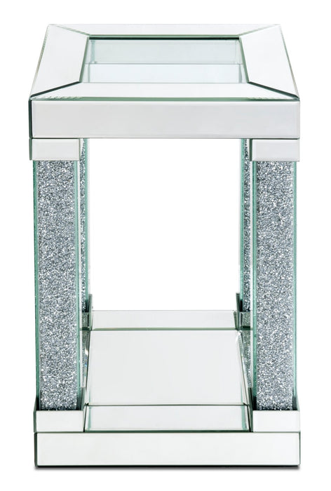 Berni 12\" Glam Mirror & Glass Top Chairside Table with Shelf - Silver Metal with Diamond Look Legs