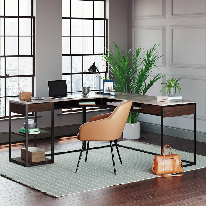Maxim 65.98\" L-Shaped Office Desk with 2-Drawers, Cubbyholes & Shelves - Umber Wood