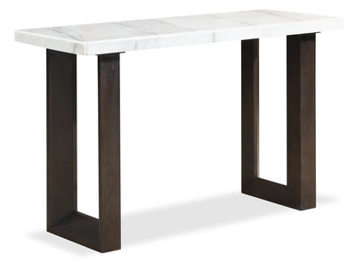 Silvia 48" Modern Sofa Table - White and Grey Marble Look with Brown Wood Legs|Table de salon moderne Silvia de 48 po - imitation de marbre blanc et gris avec pattes en bois brun