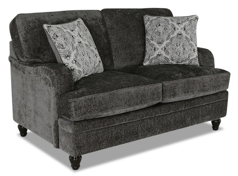 Made in Canada Bellmont 64\" Chenille Fabric Loveseat with Reversible Cushions and Wood Legs - Charcoal Grey