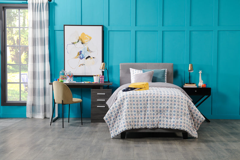 Tara Upholstered Bed in Grey Linen-Look Fabric, Button Tufted - Twin Size