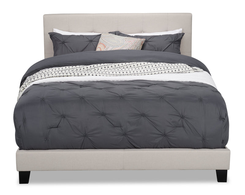 Tara Upholstered Bed in Beige Linen-Look Fabric, Button Tufted - Queen Size
