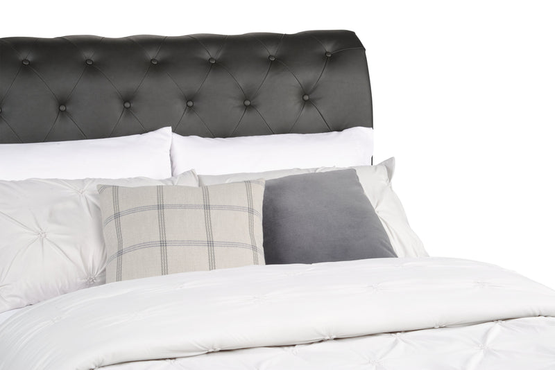 Tulsa Upholstered Platform Bed in Grey Vegan-Leather Fabric, Button Tufted - Full Size