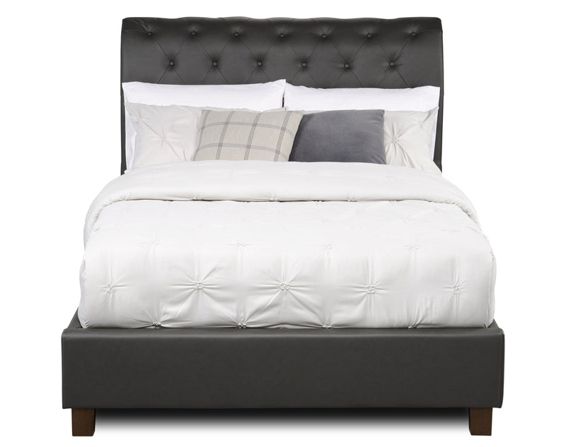 Tulsa Upholstered Platform Bed in Grey Vegan-Leather Fabric, Button Tufted - Full Size
