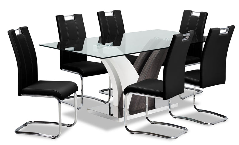 Tuxedo 7pc Dining Set with Table & 6 Chairs, Glass Top, Pedestal Base, 72\"W - Black