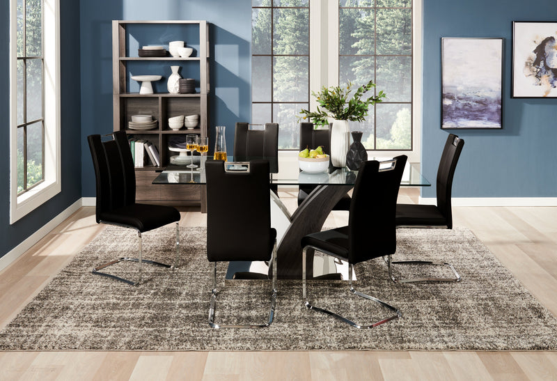 Tuxedo 7pc Dining Set with Table & 6 Chairs, Glass Top, Pedestal Base, 72\"W - Black