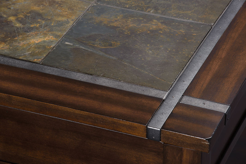 Roanoke 50\" Rustic Lift Top Coffee Table with Storage and Shelf - Dark Cherry Wood and Slate Inlay