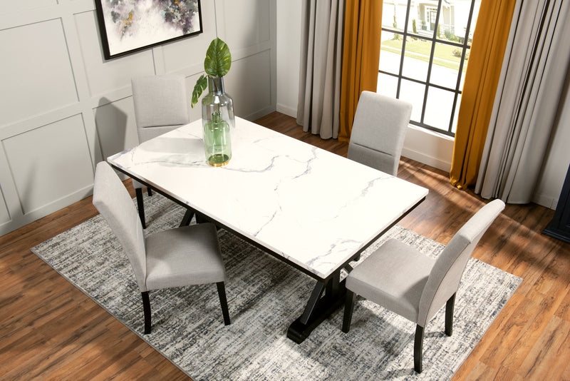 Verona 5pc Dining Set with Table & 4 Chairs, Culture Marbled Top, Trestle Base, 70\"W - White