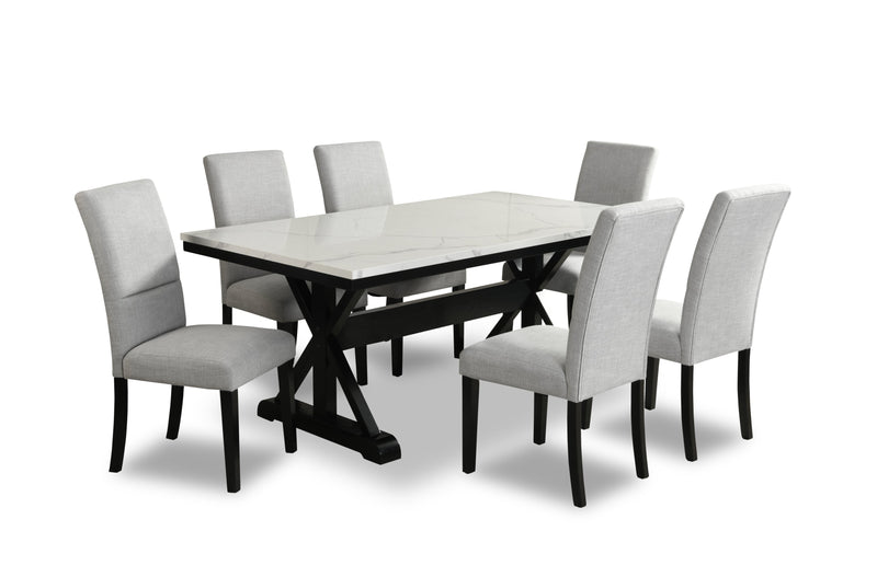 Verona 7pc Dining Set with Table & 6 Chairs, Culture Marbled Top, Trestle Base, 70\"W - White