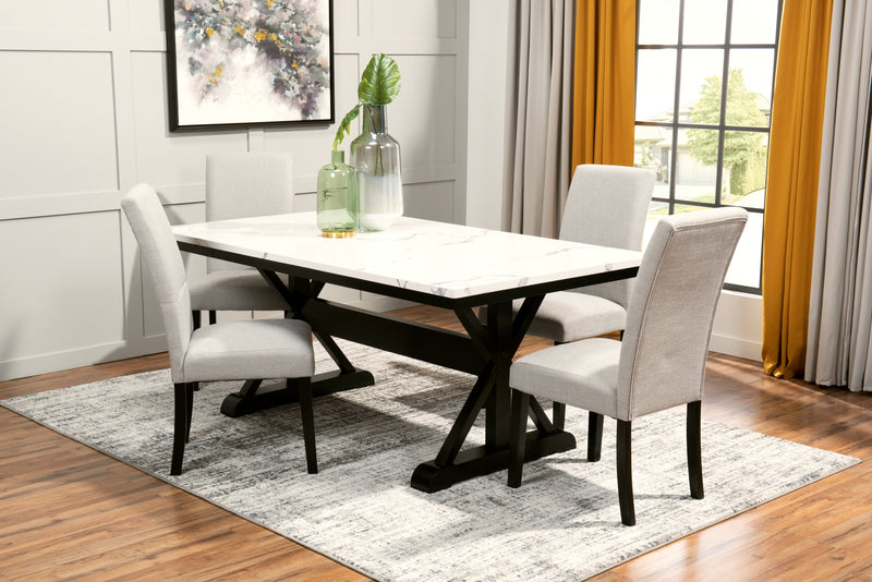 Verona Dining Table with Culture Marbled Top, Trestle Base, 70\"W - White