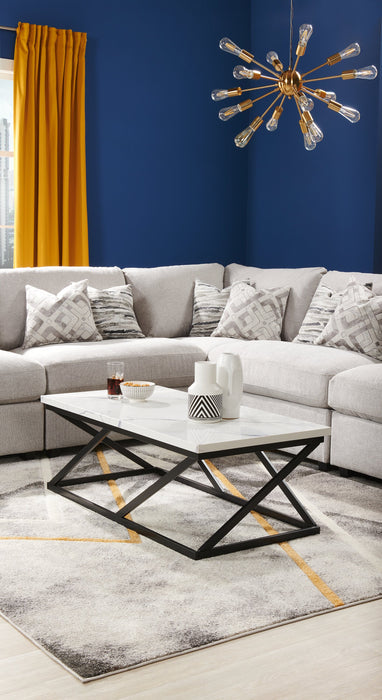 Verona 47.25\" Modern Coffee Table - White Marble Look with Black Metal Base