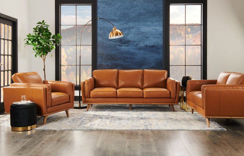 Vivia 63\" Genuine Leather Loveseat with Removable Seat Cushions and Wood Base - Caramel Brown