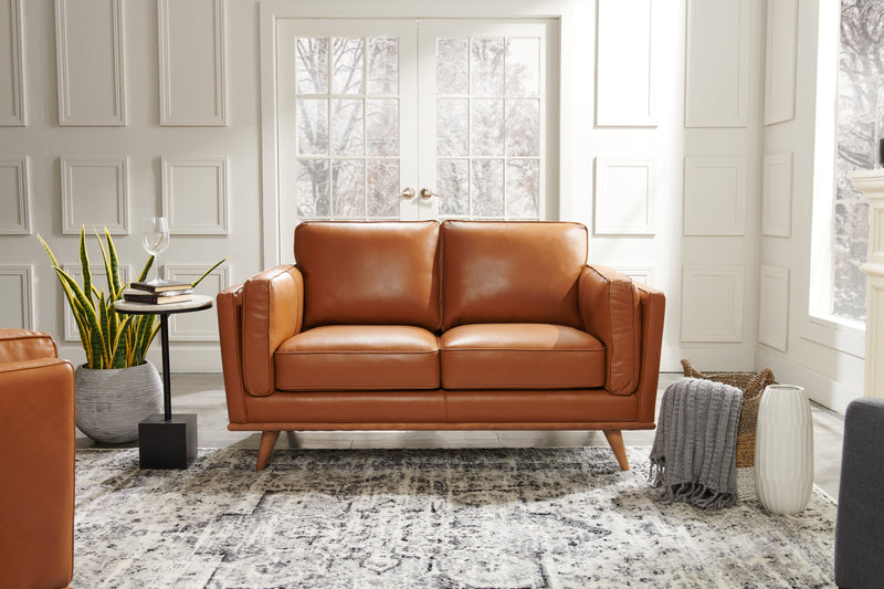 Vivia 63\" Genuine Leather Loveseat with Removable Seat Cushions and Wood Base - Caramel Brown