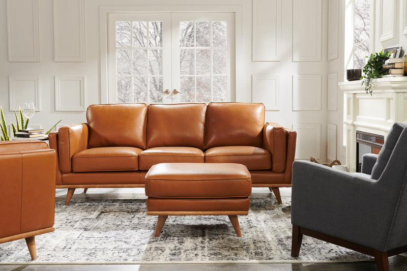 Vivia 86\" Genuine Leather Sofa with Removable Seat Cushions and Wood Base - Caramel Brown