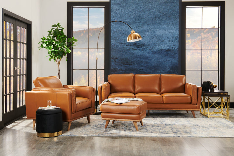 Vivia 86\" Genuine Leather Sofa with Removable Seat Cushions and Wood Base - Caramel Brown