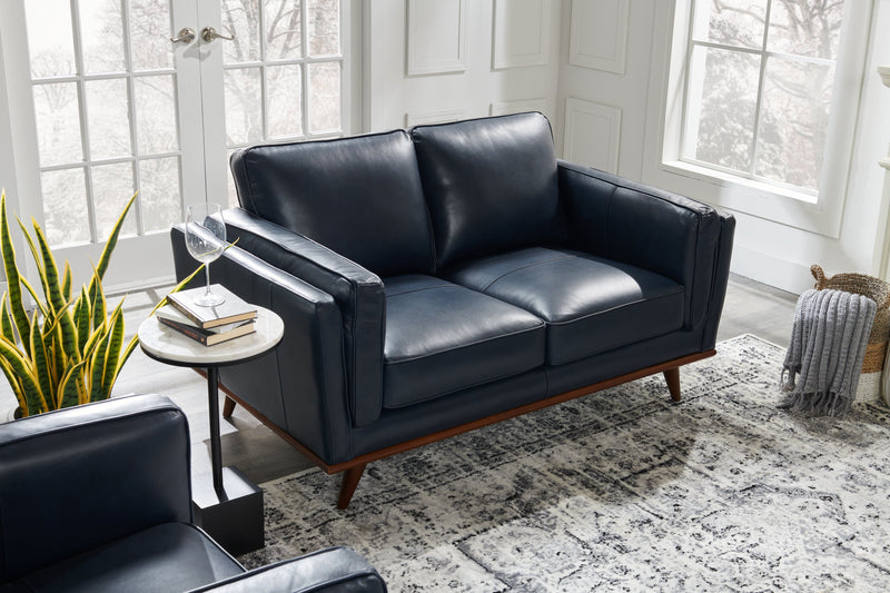 Vivia 63\" Genuine Leather Loveseat with Removable Seat Cushions and Wood Base - Navy Blue