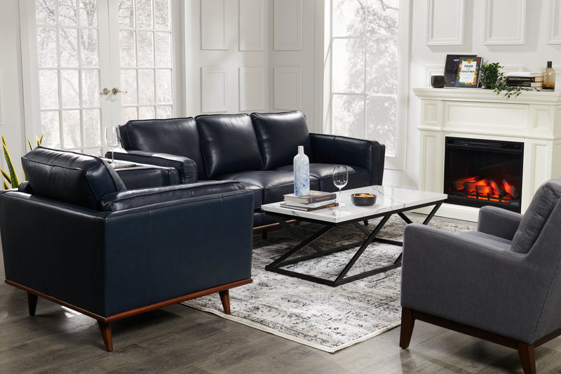Vivia 86\" Genuine Leather Sofa with Removable Seat Cushions and Wood Base - Navy Blue