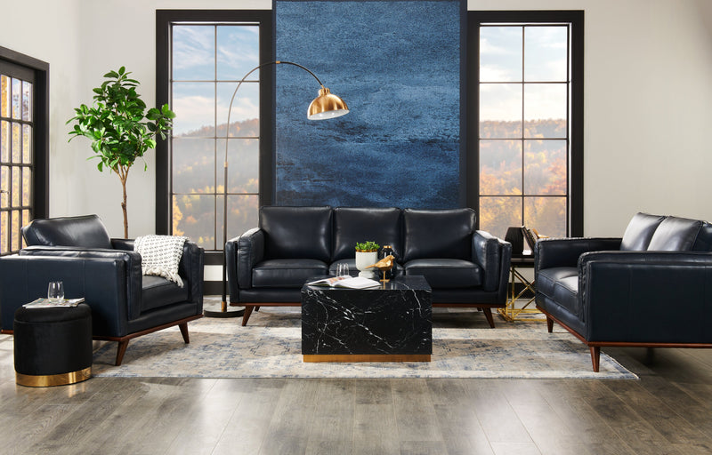 Vivia 86\" Genuine Leather Sofa with Removable Seat Cushions and Wood Base - Navy Blue