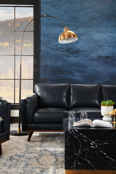 Vivia 86\" Genuine Leather Sofa with Removable Seat Cushions and Wood Base - Navy Blue